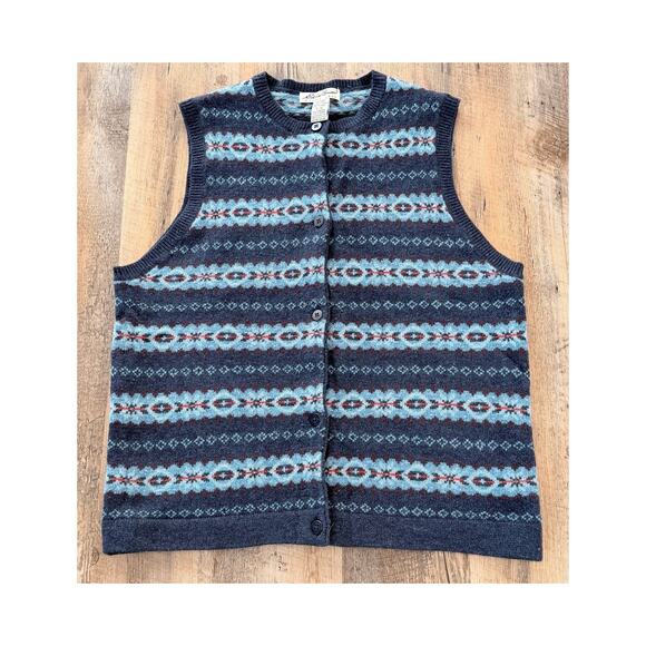 Vintage Eddie Bauer Lambswool Fair Isle Sweater Vest Women’s LG 90s Wool Knit - Picture 1 of 9